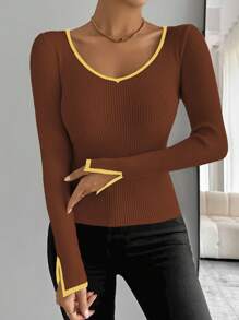 SHEIN LUNE Contrast Trim Cuff Slit Casual Fitted Women Sweater Knit Pullover Fall Winter - Multicolor - View 3