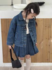 Dazy Kids 2 件套女童休闲水洗牛仔上衣和百褶裙套装，适合年轻女孩 - 藍色 - 查看 3