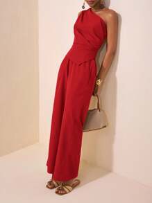 Zivah 2025 Sommer Neuer Stil Musikfestival Ostern Muttertag Hochzeit Geburtstag Party Täglicher Ausgang Grundlegend und vielseitig Lässig Internet-Star Heißer Stil Elegante Pendler Business Lässig Asymmetrischer Saum Frauen Top und Gerade Hose Khaki Frauen Zweiteiler Set Einschultrig Jumpsuit Einschultrig Roter Jumpsuit Rote Weite Bein Jumpsuit