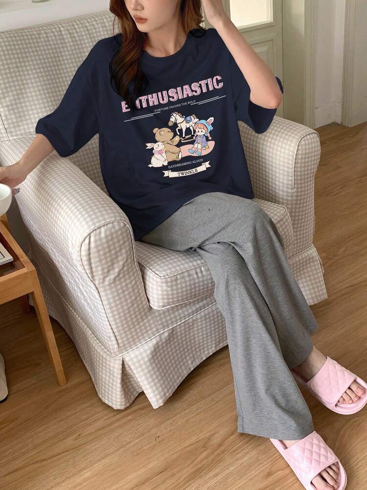 2pcs/Set Women Cute Cartoon Print Loose Short Sleeve & Pants Sleepwear Set Pajamas