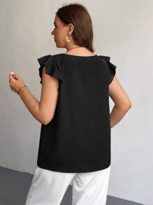 Firerie Plus Summer Simple Solid Ruffle Trim Blouse Spring - Black - View 2