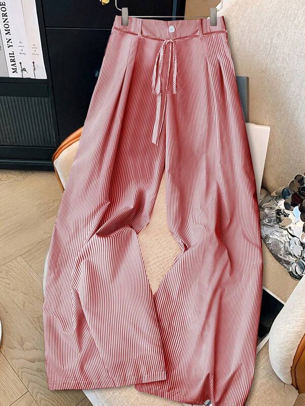 Elenzga Plus Size Women's Casual Blue Striped Bamboo Tie Waist Wide Leg Pants, Spring/Summer Graduation,Back To School,Teacher Outfits For Women