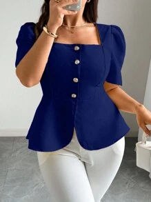 Elenzga Blus Elegan Lengan Pendek Kerah Persegi Warna Polos Kasual untuk Wanita Ukuran Besar - Royal Blue - View 1