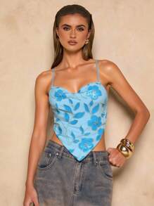 SHEIN BAE Top corto de verano halter sin espalda con bordado de cuentas para mujer - Azul - Ver 3