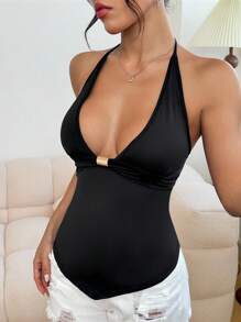 Áo ba lỗ hở lưng màu trơn mùa hè đa năng, thường ngày, dành cho nữ, đi chơi - màu đen - Xem 3