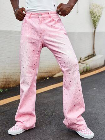 Street Life Jeans décontractés roses ornés de strass pour hommes