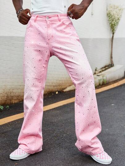 Street Life Jeans décontractés roses ornés de strass pour hommes