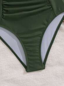 Shapewave 1pc Women Solid Color Pleated Front With Drawstring Back Simple Elegant Wire-Free Removable Cups Deep V-Neck Shapewear Beach Vacation Bikini Swimsuit For Summer - Army Green - View 7