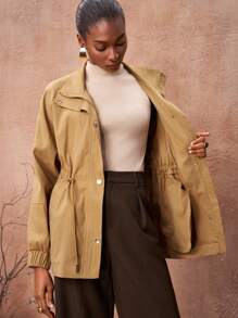 Zivah 女士 2025 秋冬新款时尚、音乐节、毕业季、学院风、学生装、日常休闲、度假、海滩、日光浴、街头服饰、通勤优雅、立领长袖收腰夹克（带口袋）、短款风衣 - 卡其色 - 查看 8