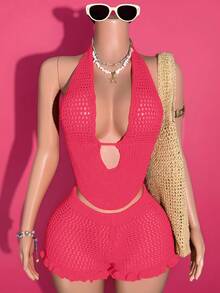 Slaydiva 2pcs/Set 2025 Summer Hot Pink Women Crochet Two Piece Set Knitted Halter Backless Top+Ruffle Hem Mini Shorts Outfit Boho Vacation Holiday Leisure - Hot Pink - View 2