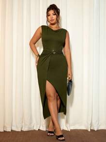 Cravure Halloween Plus Size Women Elegant Sexy Twist Knot Golden Decor High Slit Casual Commuting Dress - Army Green - View 4