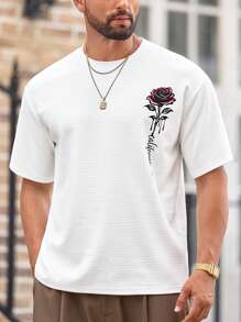 Mainfolk Men's Waffle Knit T-Shirt,Rose 'California' Graphic White,Summer,Streetwear,City Break Relaxed Fit Tee,Elevated Graphic Short Sleeve Oversized Top - White - View 5