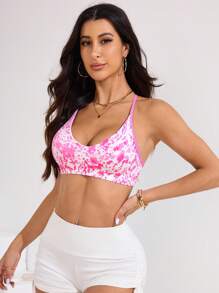 Sovereign Charm Women's Seamless Full Print Elastic Criss-Cross Back Sports Bra - Pink - View 3