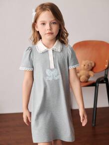 PrepCrw Vestido de manga corta hasta la rodilla con cuello a medias con bloque de colores y decoración de lazo para niñas jóvenes