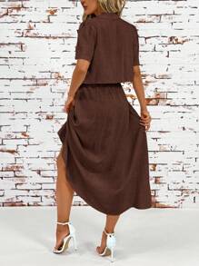 Ellevyn 女士新款时尚优雅两件套夏季舒适亚麻短袖衬衫和细肩带吊带裙休闲装 - 咖啡棕 - 查看 11