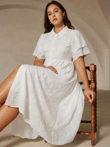 Aveloria Rosie Elegant Flowy Lace Hollow-Out Embroidered Dress With Ruffled Bishop Sleeves, Tie Waist Belt And Relaxed Fit, Plus Size