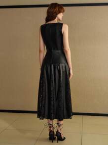 MOTF PREMIUM ELEGANTE VESTIDO MAXI PARA UNA CITA NOCTURNA, CON PARCHES, CALADO Y ENCAJE EN LA CINTURA - Negro - Ver 3