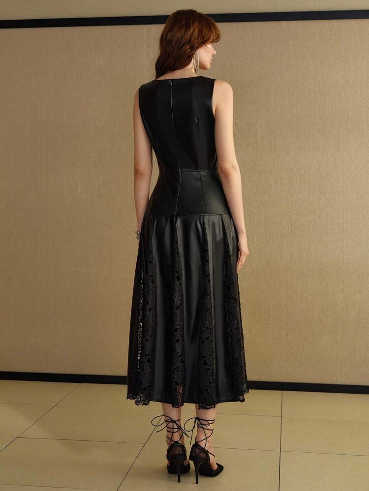 ELEGANT DATE NIGHT FAUX LEATHER PATCHWORK HOLLOW-OUT LACE WAIST MAXI DRESS
