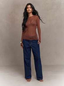 MISSGUIDED PLUS 加大码透明网眼长袖上衣晚会俱乐部服装透明修身衬衫现代秋冬时尚 - 棕色 - 查看 4