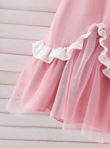 SHEIN Young Girl Pink Sleeveless Lace Trim Princess Dress, Mesh Patchwork Ruffle Hem Cute Summer Beach Vacation Dress For Little Girls - Pink - View 6