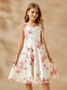 SHEIN Tween Girls' Floral Print Ruched Fancy Party Dress - Apricot - View 7
