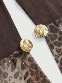 ROMWE Grunge Punk 夏季音乐节，异国复古豹纹印花水钻金属链项链，紧身不对称下摆女式背心