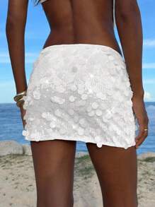 Opulessa White Sequin Mini Skirt With Embroidery For Party Nights White Sequin Skirt Sequin Skirt Bathing Suit Cover Up Skirt Bikini Cover Up Skirt White Cover Up Skirt - White - View 2
