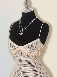 SHEIN ICON 女式夏季镂空钩针贝壳装饰荷叶边下摆吊带裙