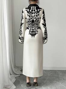 Selianne Robe mi-longue élégante pour femmes avec imprimé floral, col châle, manches longues et fente latérale - Multicolore - Voir 2