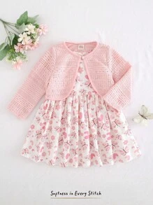 Cozy Pixies 2件套女婴纯色针织柔软开衫毛衣和花卉印花圆领无袖高腰连衣裙 - 粉色 - 查看 5