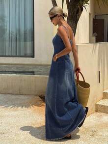 Livesso 女士做旧水洗长款牛仔背带裙 夏季女装连衣裙 - 深色水洗藍 - 查看 3