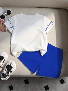 2pcs Toddler Boys King Graphic Print Round Neck Short Sleeve White T-Shirt And Blue Shorts Casual Outfit Set - Multicolor - View 2