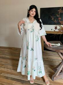 Modelyn Plus Size Women Floral Print V-Neck Short Sleeve Ruffle Hem Casual Dress - Multicolor - View 5