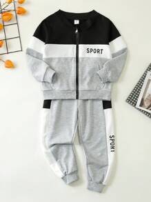 SHEIN Playful Pals 两件套小男孩休闲运动学院风三色字母印花拉链连帽衫+裤子，适合日常穿着、上学、外出、运动、春夏季节。为小男孩提供多种搭配选择，设计简约时尚，穿着舒适。这套服装将是开学季小男孩衣橱中实用又时尚的选择。