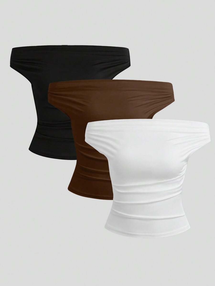 Sweetra Tops de mujer de unicolor con pliegues y hombros descubiertos de moda - Multicolor - Ver 1