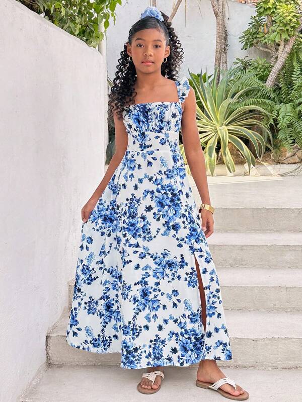 Rochie de vacanță pentru fete Tween, ocazională, florală, lungă, fără spate, desfășurată, la modă