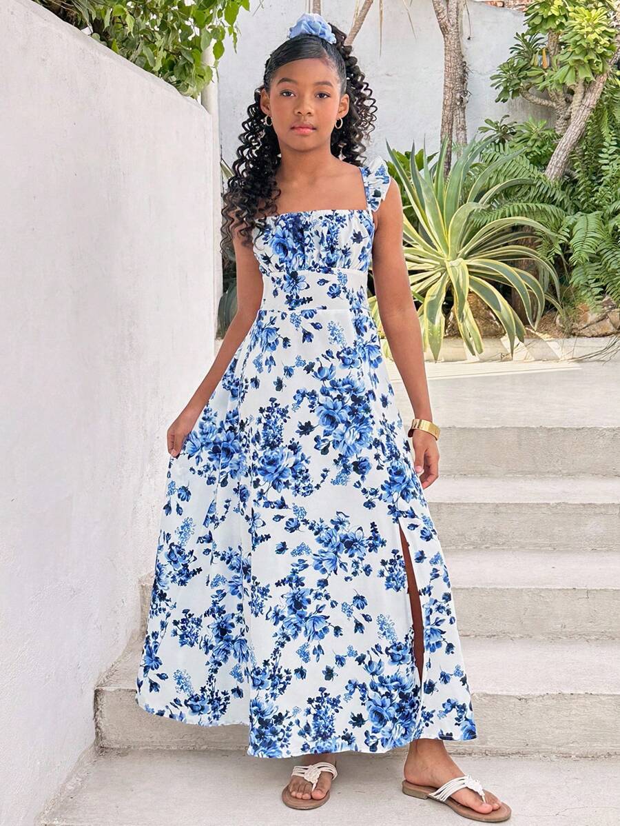 Tween Girls' Vacation Casual Ditsy Floral Long Backless Split Dress, Fashion,Summer Dress Holiday Outfits - Blue and White - View 1