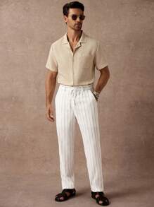 Manfinity Homme Men's Tan Faux Linen Summer Casual Vacation Holiday Shirt,Textured Short-Sleeved Cuban Antique Collar Button Cardigan,Champagne Dual-Color Shirts - Khaki - View 4