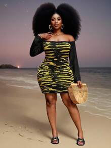 Slaydiva Plus Size Fashionable Leopard & Tiger Print Knit Bodycon Mini Dress, Sexy One Shoulder, Bodycon Style, Street & Vacation Chic - Multicolor - View 4