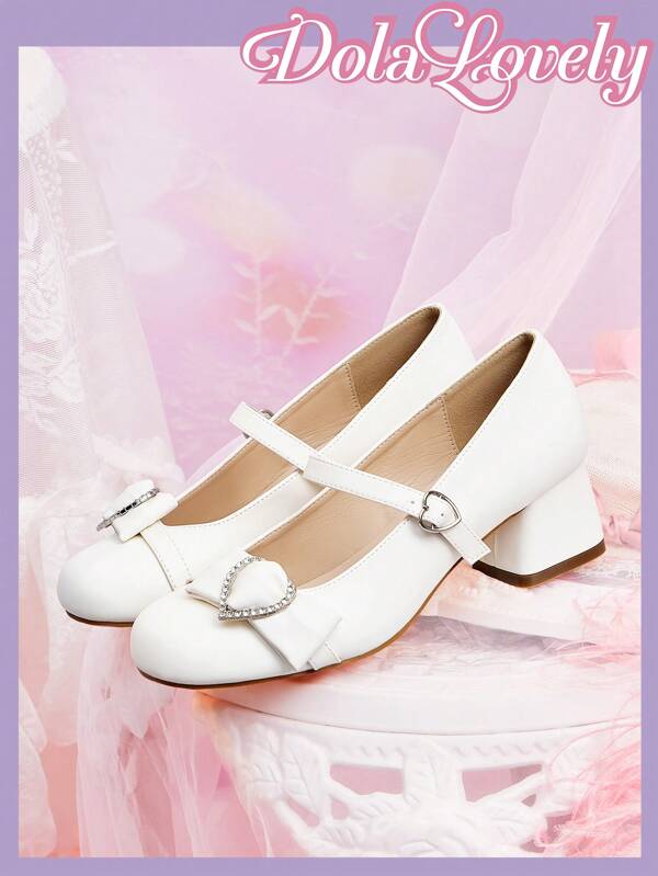 Dola Lovely Women's Bow Tie Mary Jane Shoes, Round Toe Buckle Strap Chunky Heel Pumps, Fashion Versatile White Shoes
