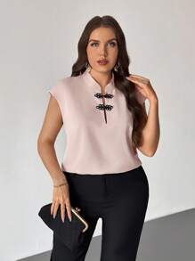 Firerie 加大码不对称褶皱领单肩修身休闲衬衫，杏色，适合工作、办公室、日常穿着和度假 - 杏色 - 查看 4