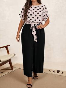 SHEIN Clasi Plus Size Women Polka Dot Print Butterfly Sleeve Loose Jumpsuit - Pink - View 5
