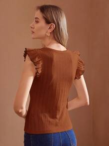 MOTF PREMIUM CAMISETA CON VOLANTE EN LA SISA, TEXTURA SÓLIDA Y PESPUNTES DE CONTRASTE - Café integral - Ver 3