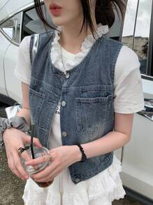 DAZY 女士无袖牛仔上衣，饰有荷叶边细节 - 藍色 - 查看 7