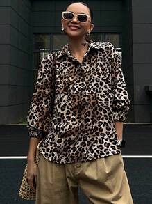 DAZY 女士宽松豹纹休闲通勤衬衫 - 棕色 - 查看 4
