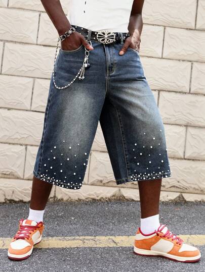 Men Street Life Loose Fit Jeans With Faux Pearl Decor Insert Pockets