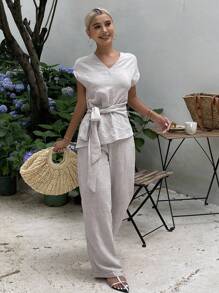 DAZY 2pcs Women Summer Minimalist Solid Color Textured Batwing Sleeve Top And Pants Set