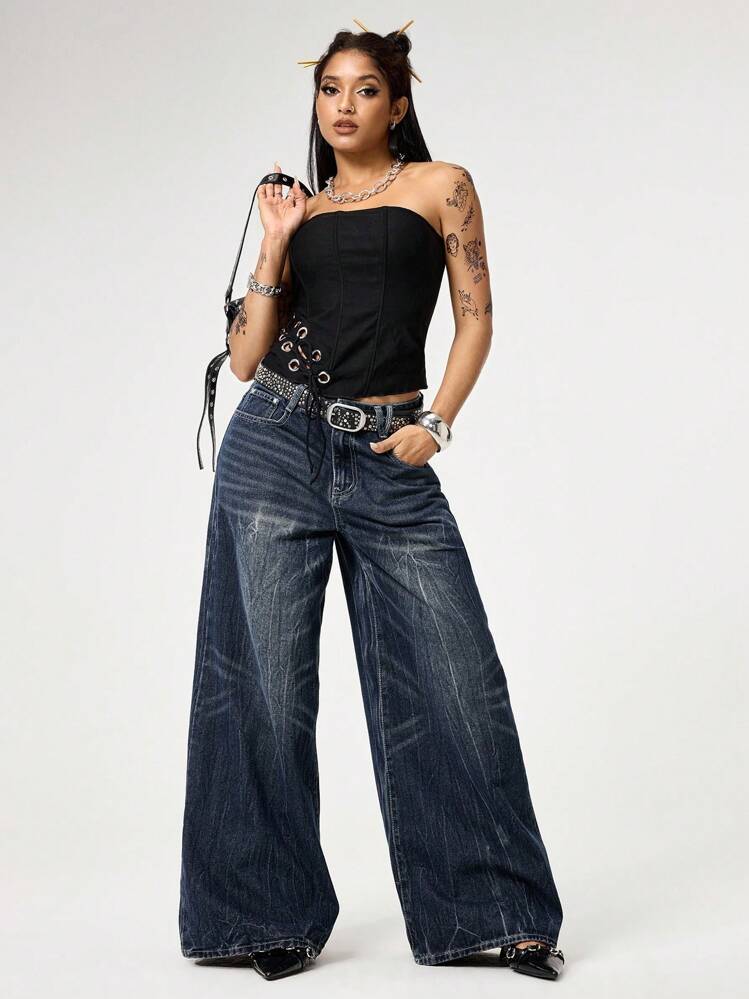 ROMWE Grunge Punk Y2K Punk Distressed Butterfly Embroidery Vintage Washed Loose Low Waist Wide Leg Pants | SHEIN USA