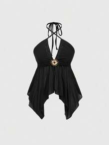 ROMWE Goth Gothic Style Lace Splice Metal Decor Women Asymmetrical Hem Mesh Racerback Tank Top