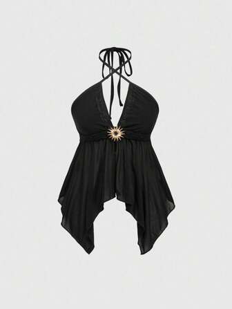 Gothic Style Lace Splice Metal Decor Women Asymmetrical Hem Mesh Racerback Tank Top